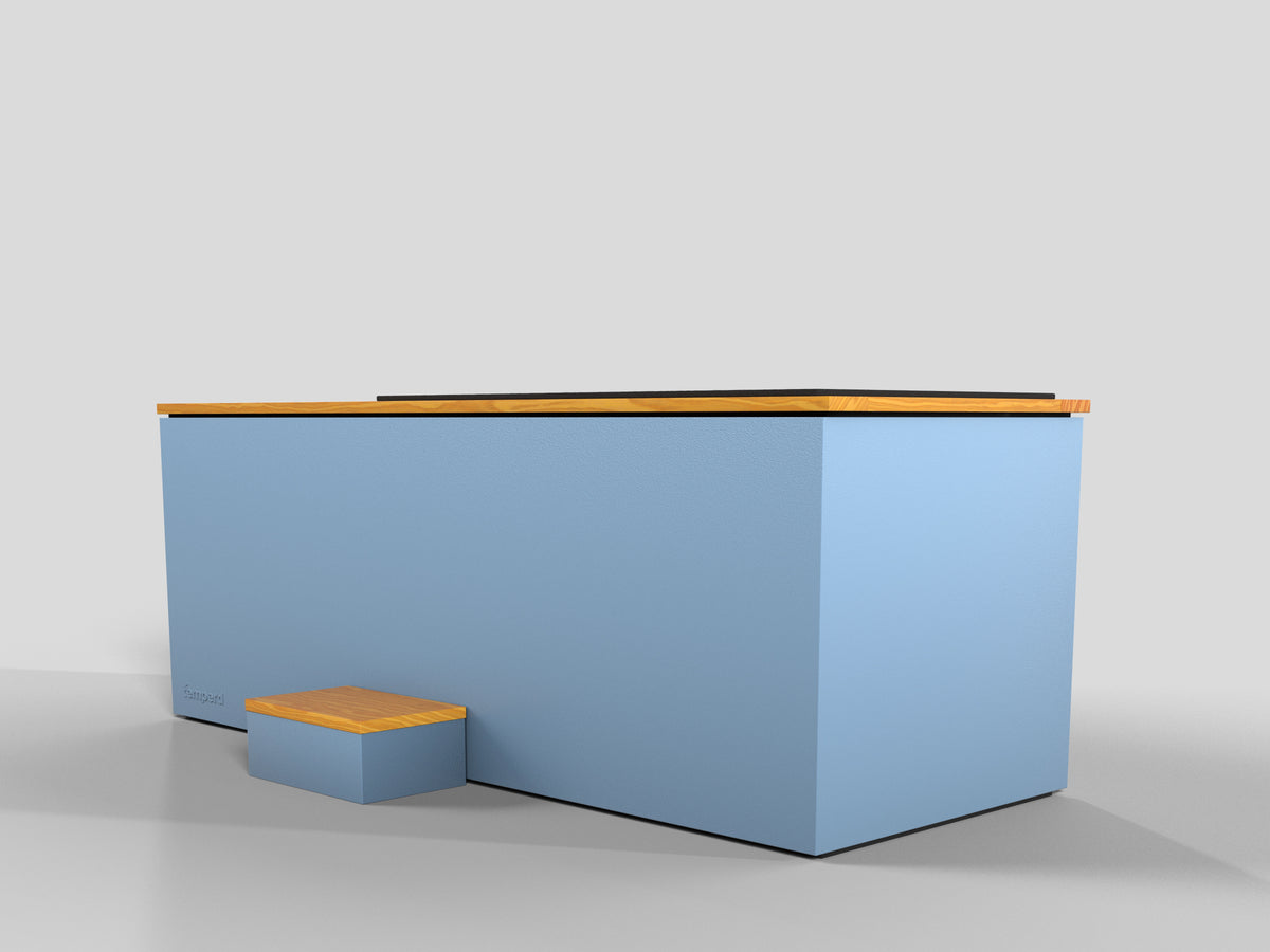 Temperd Commercial Cold Plunge in Teak with Arctic Baby Blue base, side view with the chiller vent