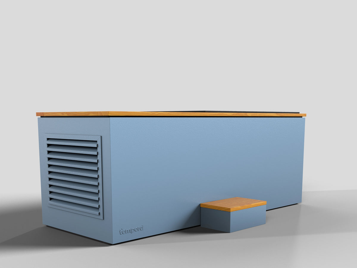 Temperd Commercial Cold Plunge in Teak with Arctic Baby Blue base, front view with the chiller vent and entry step