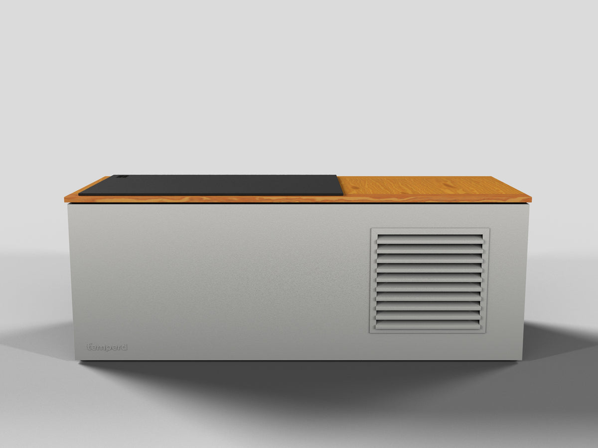Temperd Commercial Cold Plunge in Teak with Serenity White base, side view with the chiller vent
