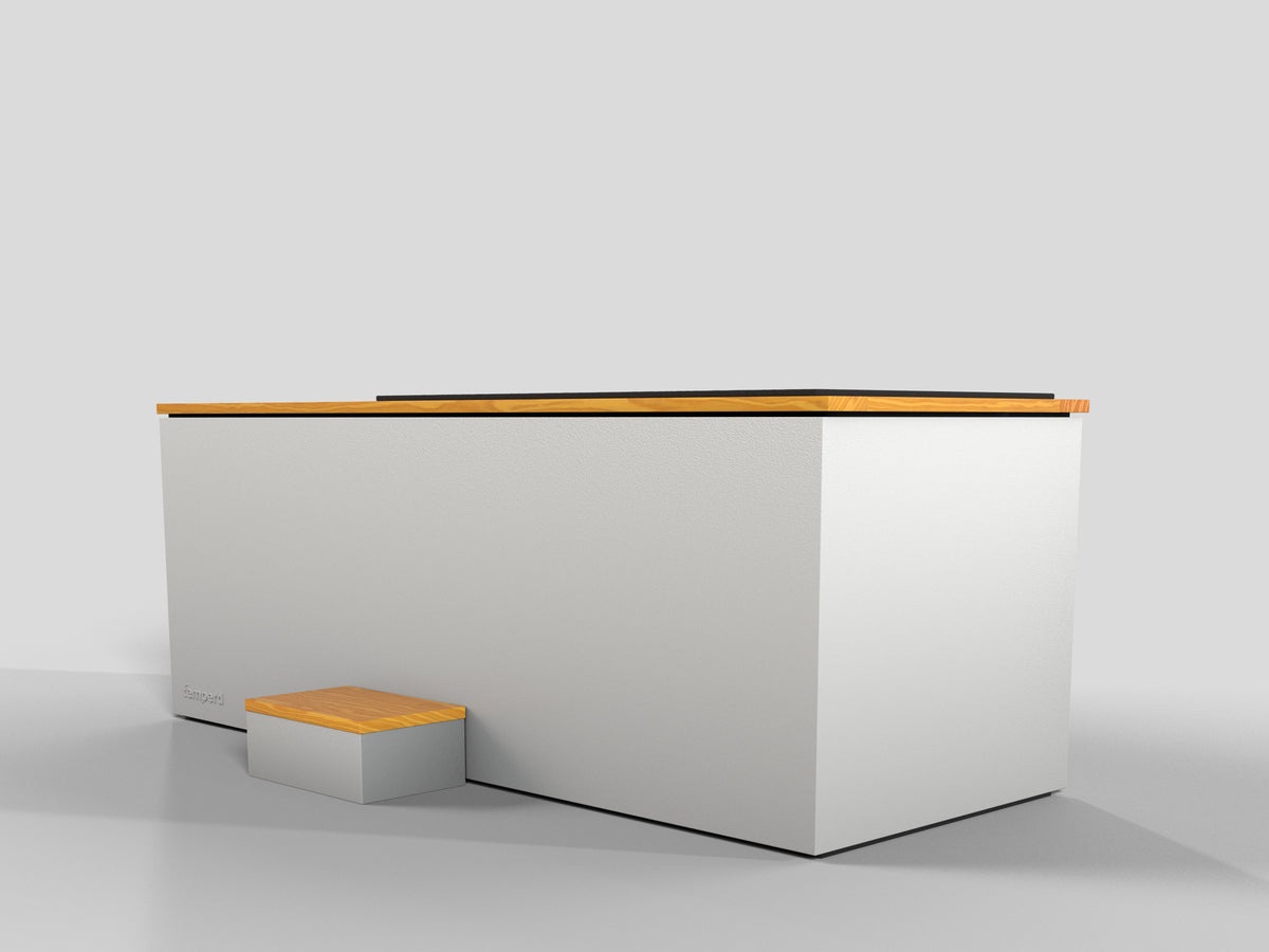 Temperd Commercial Cold Plunge in Teak with Serenity White base, rear three-quarter view with the entry step