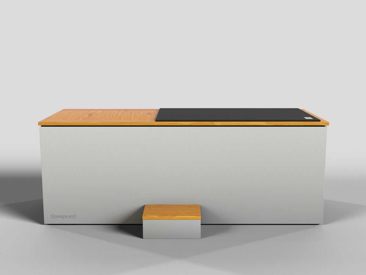 Temperd Commercial Cold Plunge in Teak with Serenity White base, three-quarter view with the lid closed