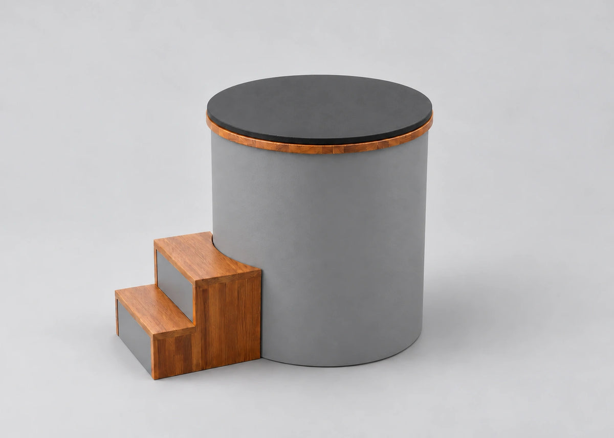 Temperd Barrel Pro cold plunge in Icelandic Gray, with the lid closed and the wooden entry steps