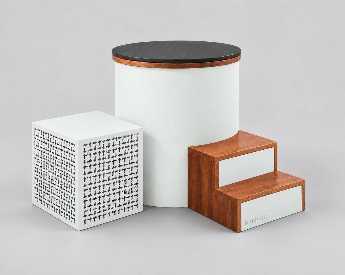 Temperd Barrel Pro cold plunge in Traffic White, with the chiller unit, wooden entry steps and the lid closed