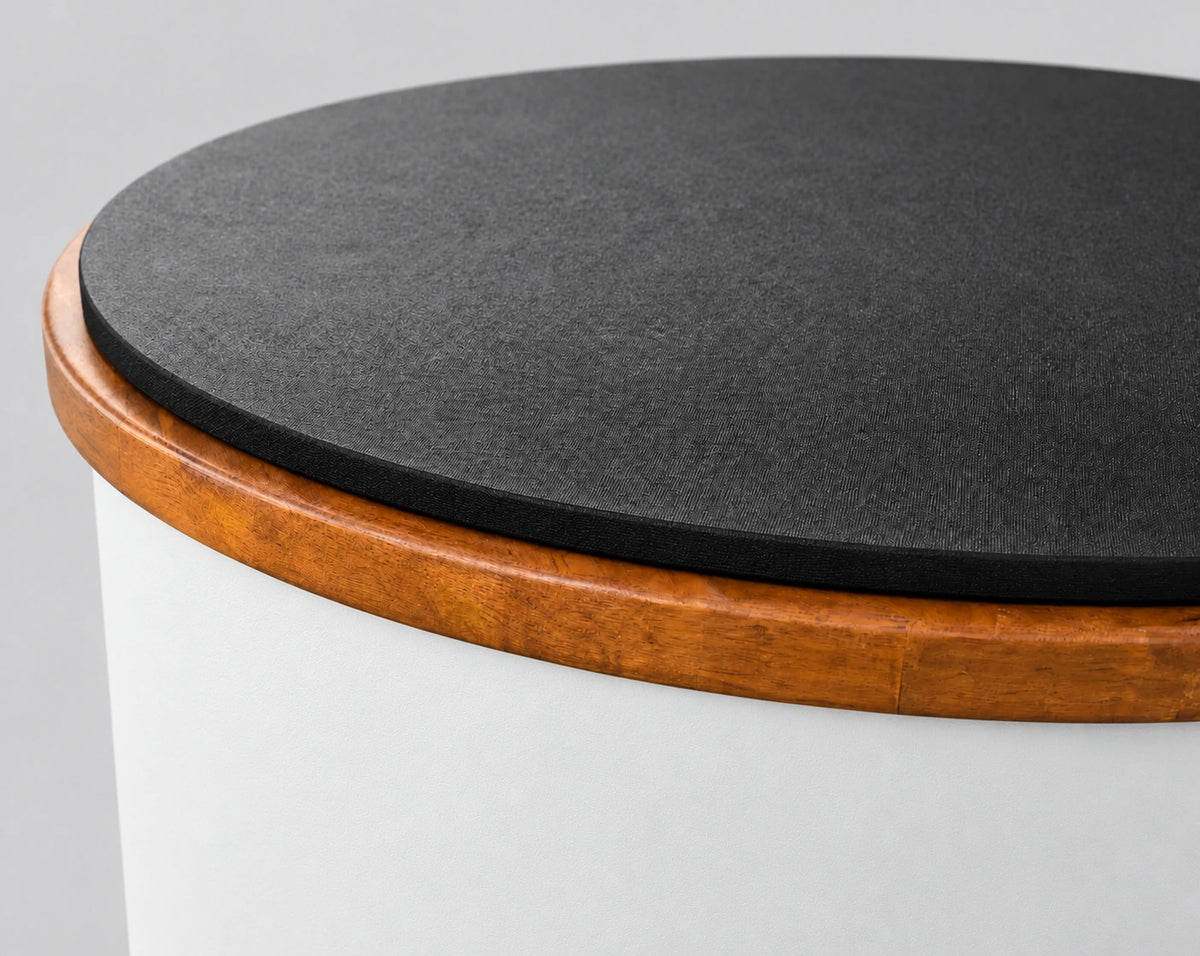 Temperd Barrel Pro cold plunge in Traffic White, close-up of the lid and the wooden rim