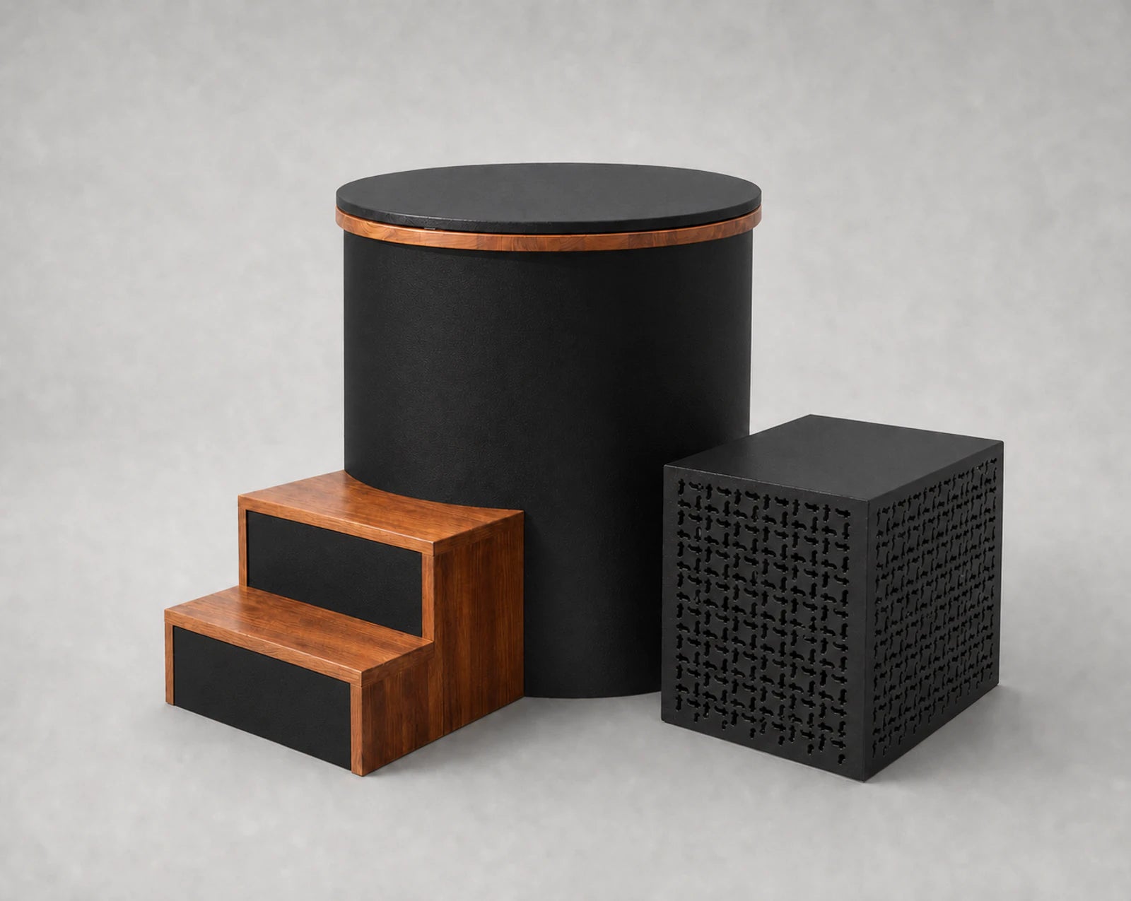 Temperd Barrel Pro cold plunge in Obsidian Black, with the chiller unit, wooden entry steps and the lid closed