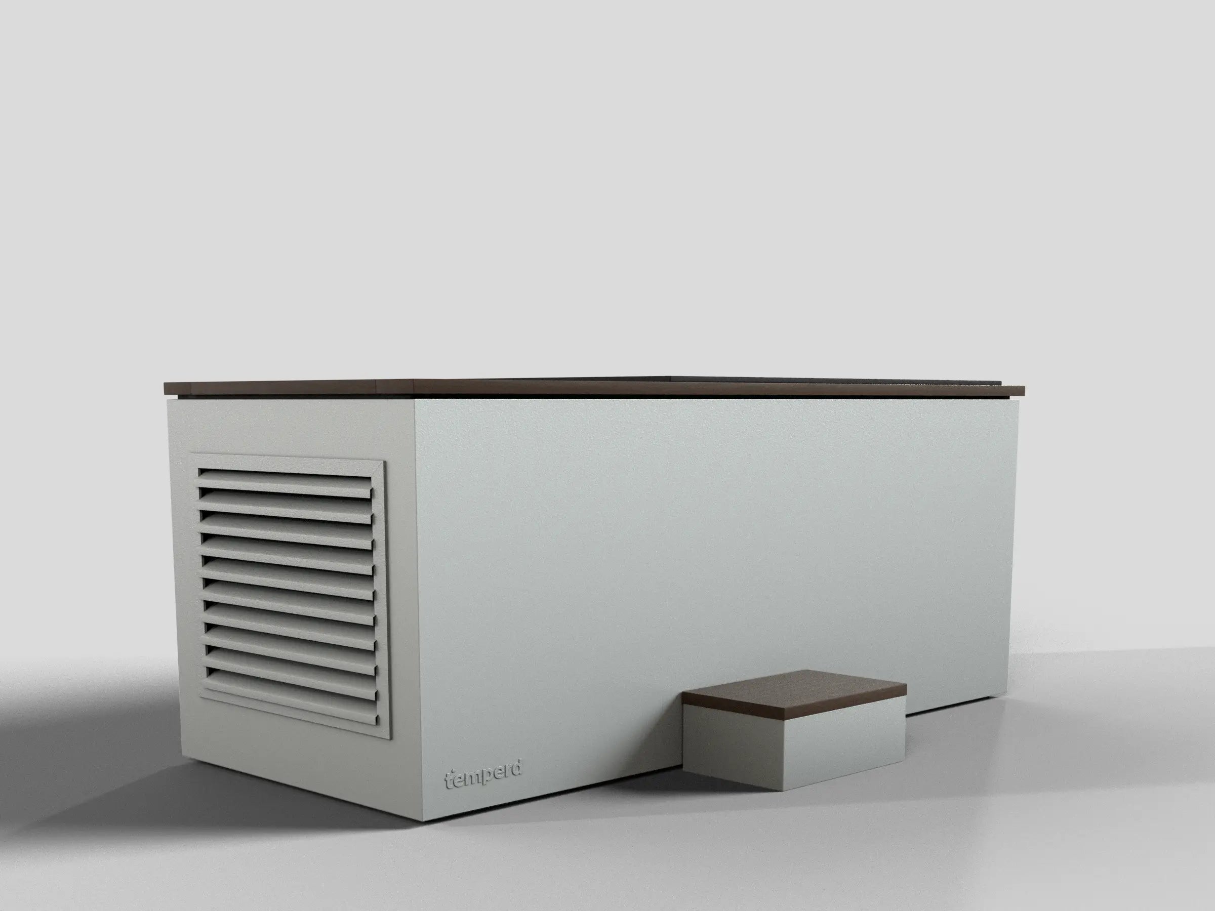 Temperd cold plunge in Noce Classico with Traffic White base, front view with the chiller vent and entry step