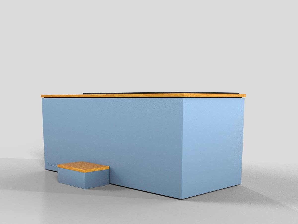 Temperd cold plunge in Teak with Arctic Baby Blue base, front view with the chiller vent and entry step