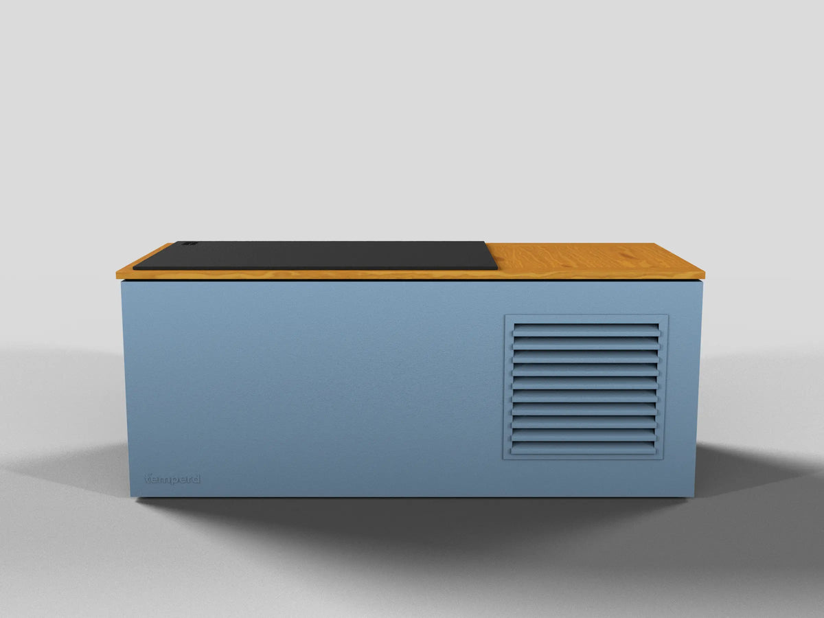 Temperd cold plunge in Teak with Arctic Baby Blue base, side view with the chiller vent