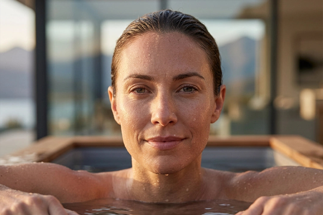 Woman resting her arms on the edge of a Temperd cold plunge