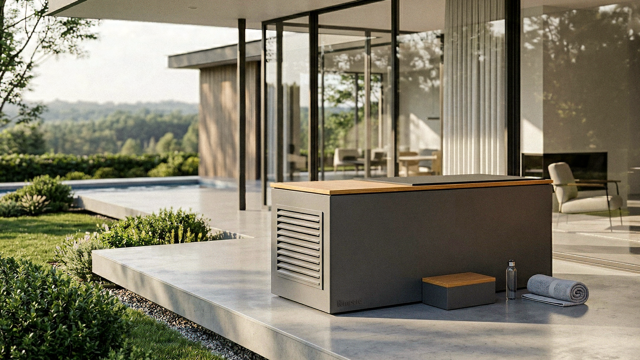 Temperd cold plunge with a wooden lid on a terrace beside a modern house