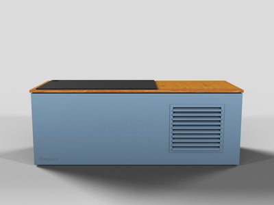 Temperd Commercial Cold Plunge in Teak with Arctic Baby Blue base, side view with the chiller vent