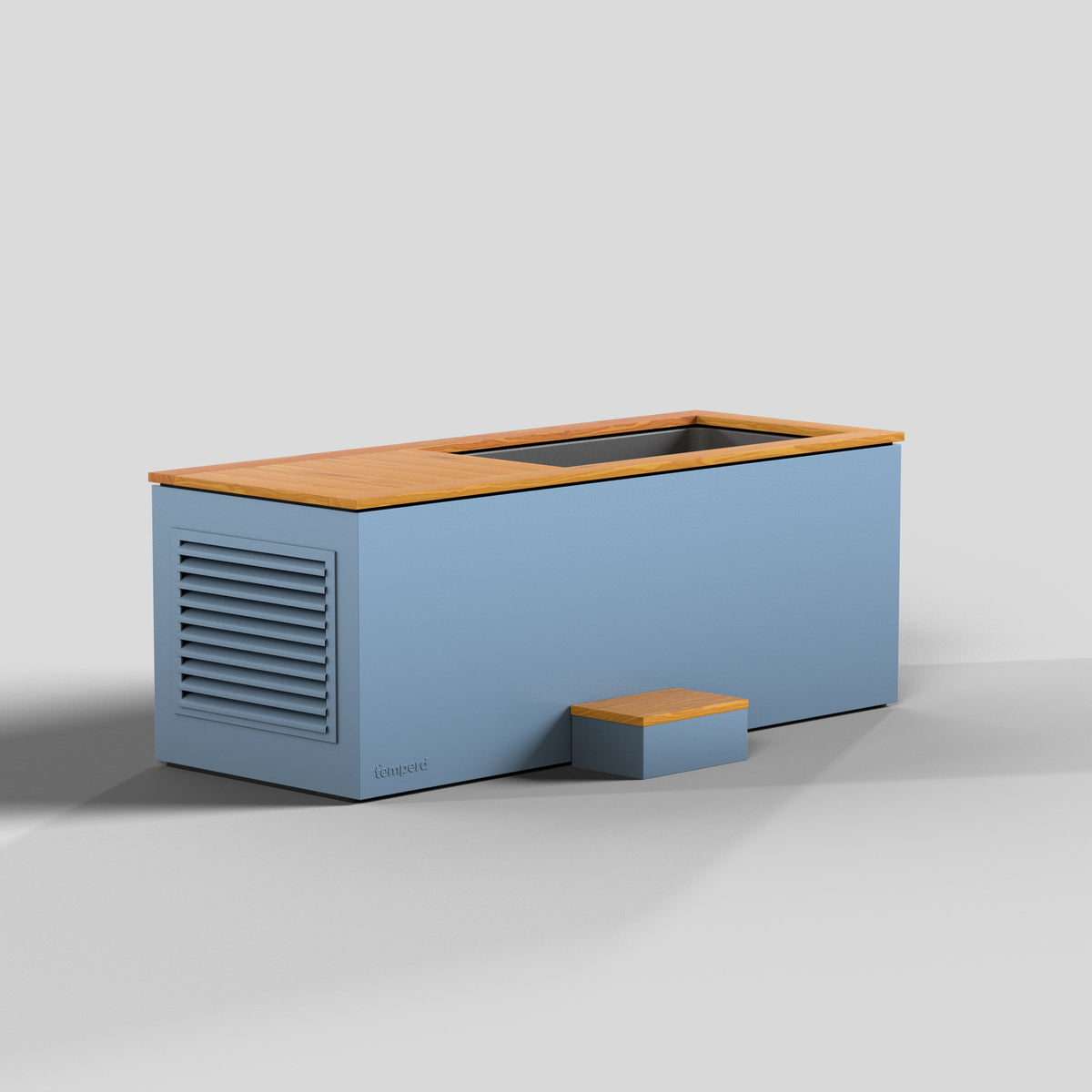 Temperd Commercial Cold Plunge in Teak with Arctic Baby Blue base, with the lid open and the entry step
