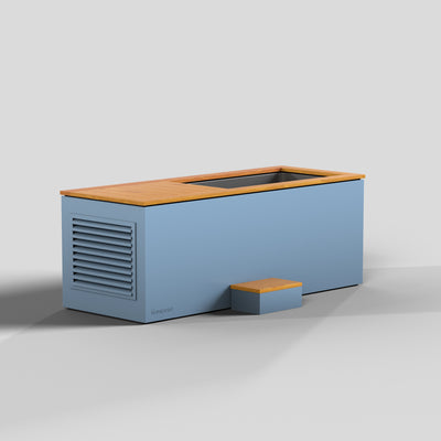 Temperd Commercial Cold Plunge in Teak with Arctic Baby Blue base, with the lid open and the entry step