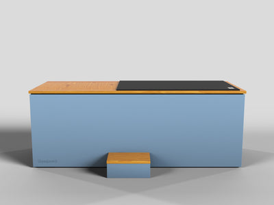 Temperd Commercial Cold Plunge in Teak with Arctic Baby Blue base, side view with the chiller vent