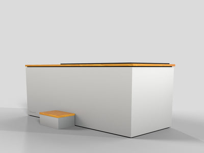 Temperd Commercial Cold Plunge in Teak with Serenity White base, rear three-quarter view with the entry step