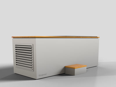 Temperd Commercial Cold Plunge in Teak with Serenity White base, front view with the chiller vent and entry step