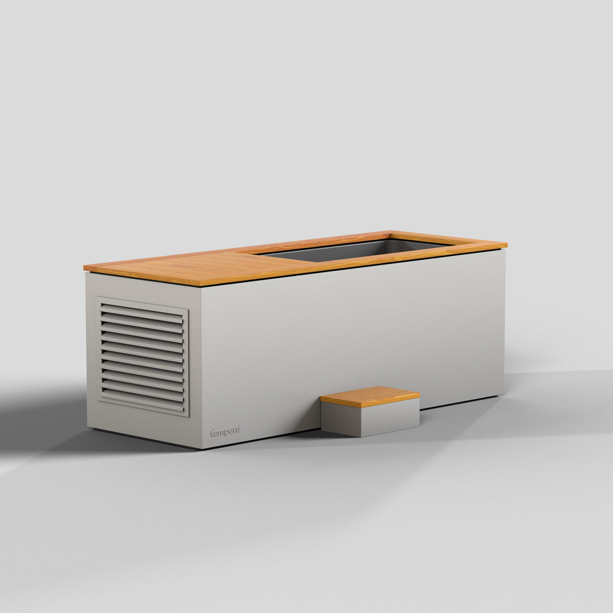 Temperd Commercial Cold Plunge in Teak with Serenity White base, with the lid open and the entry step