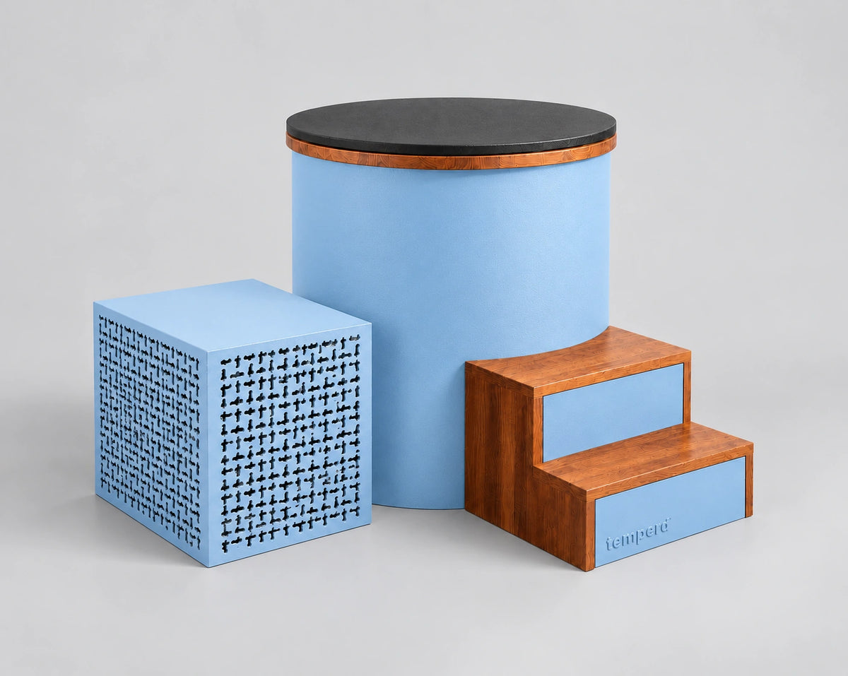 Temperd Barrel Pro cold plunge in Arctic Baby Blue, with the chiller unit, wooden entry steps and the lid closed