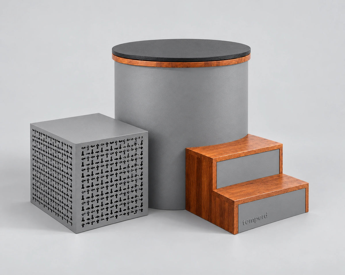 Temperd Barrel Pro cold plunge in Icelandic Gray, with the chiller unit, wooden entry steps and the lid closed