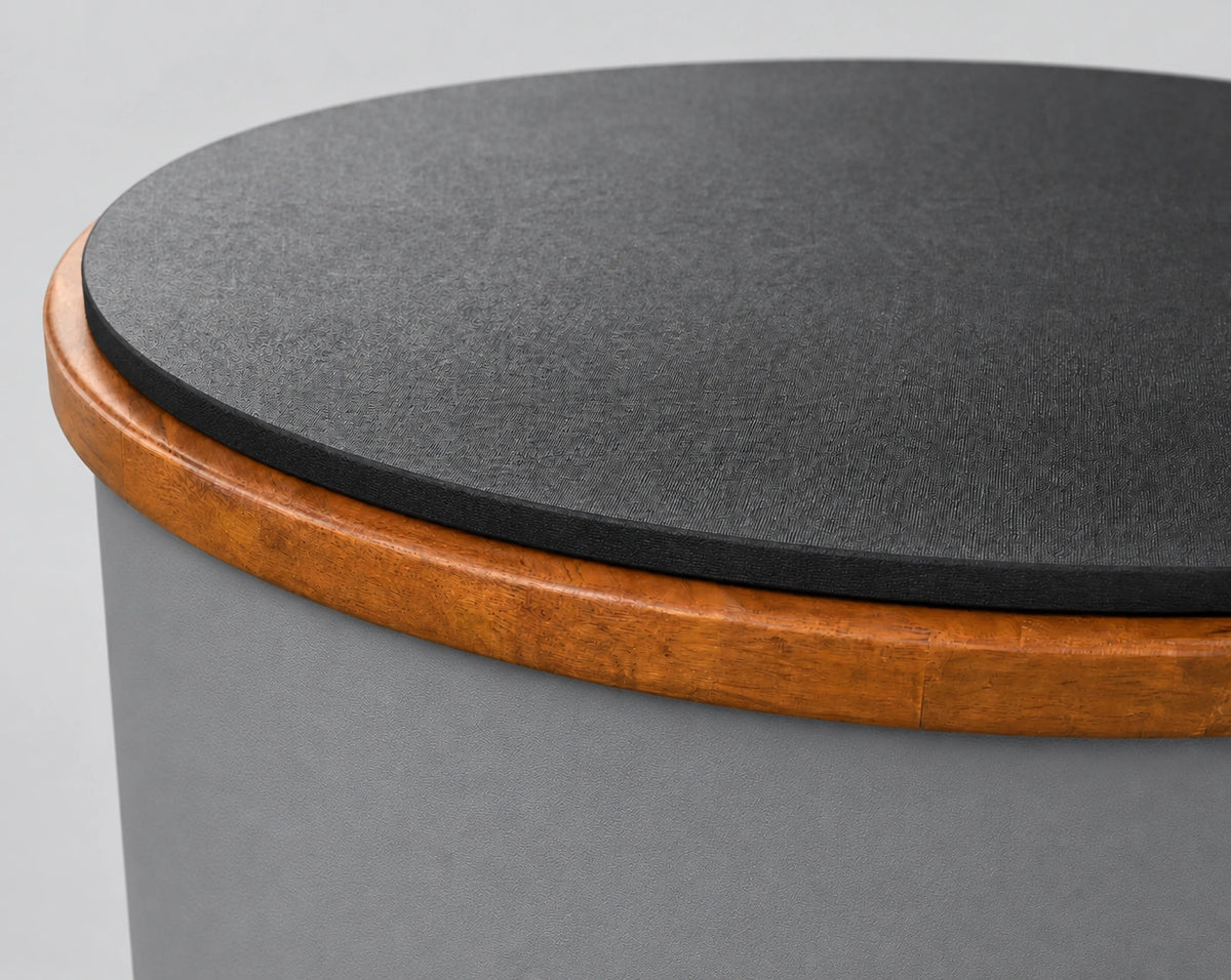 Temperd Barrel Pro cold plunge in Icelandic Gray, close-up of the lid and the wooden rim