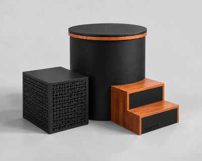 Temperd Barrel Pro cold plunge in Obsidian Black, with the chiller unit, wooden entry steps and the lid closed