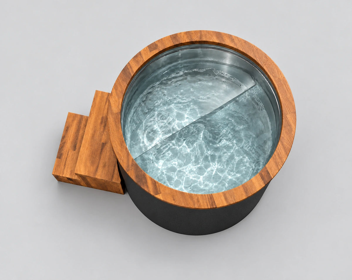 Temperd Barrel Pro cold plunge in Obsidian Black, seen from above with the lid off, filled with water