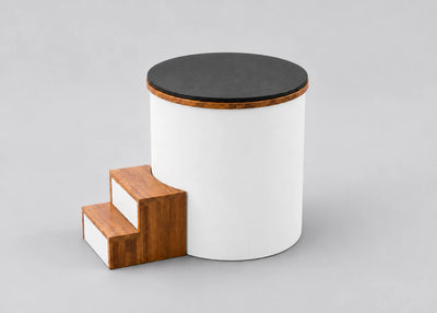 Temperd Barrel Pro cold plunge in Traffic White, with the lid closed and the wooden entry steps