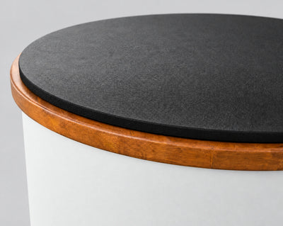 Temperd Barrel Pro cold plunge in Traffic White, close-up of the lid and the wooden rim
