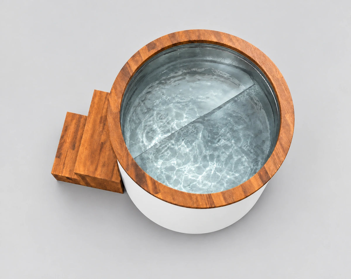 Temperd Barrel Pro cold plunge in Traffic White, seen from above with the lid off, filled with water