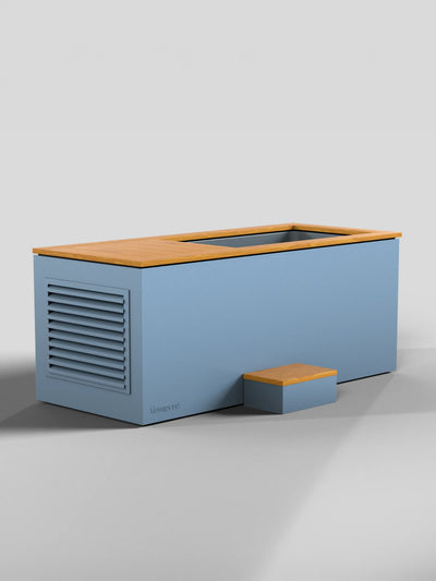 Temperd cold plunge in Teak with Arctic Baby Blue base, with the lid open and the entry step