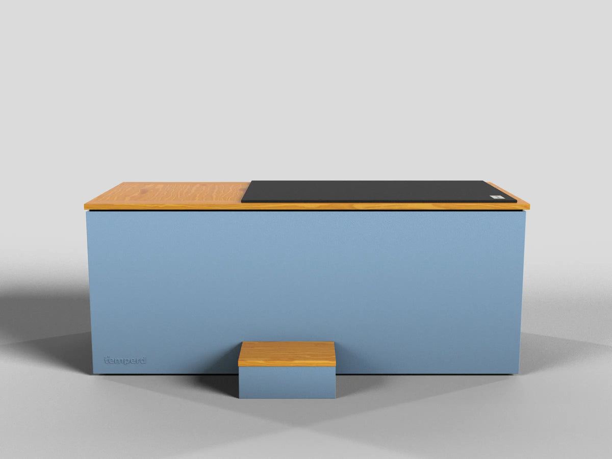 Temperd cold plunge in Teak with Arctic Baby Blue base, side view with the chiller vent