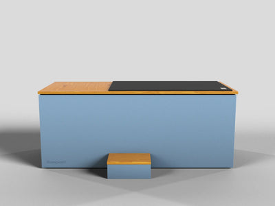 Temperd cold plunge in Teak with Arctic Baby Blue base, side view with the chiller vent