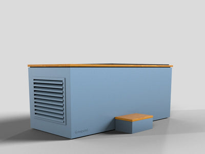 Temperd cold plunge in Teak with Arctic Baby Blue base, front view with the chiller vent and entry step