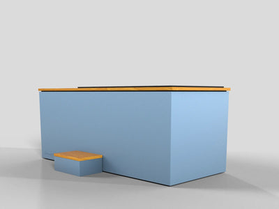 Temperd cold plunge in Teak with Arctic Baby Blue base, front view with the chiller vent and entry step