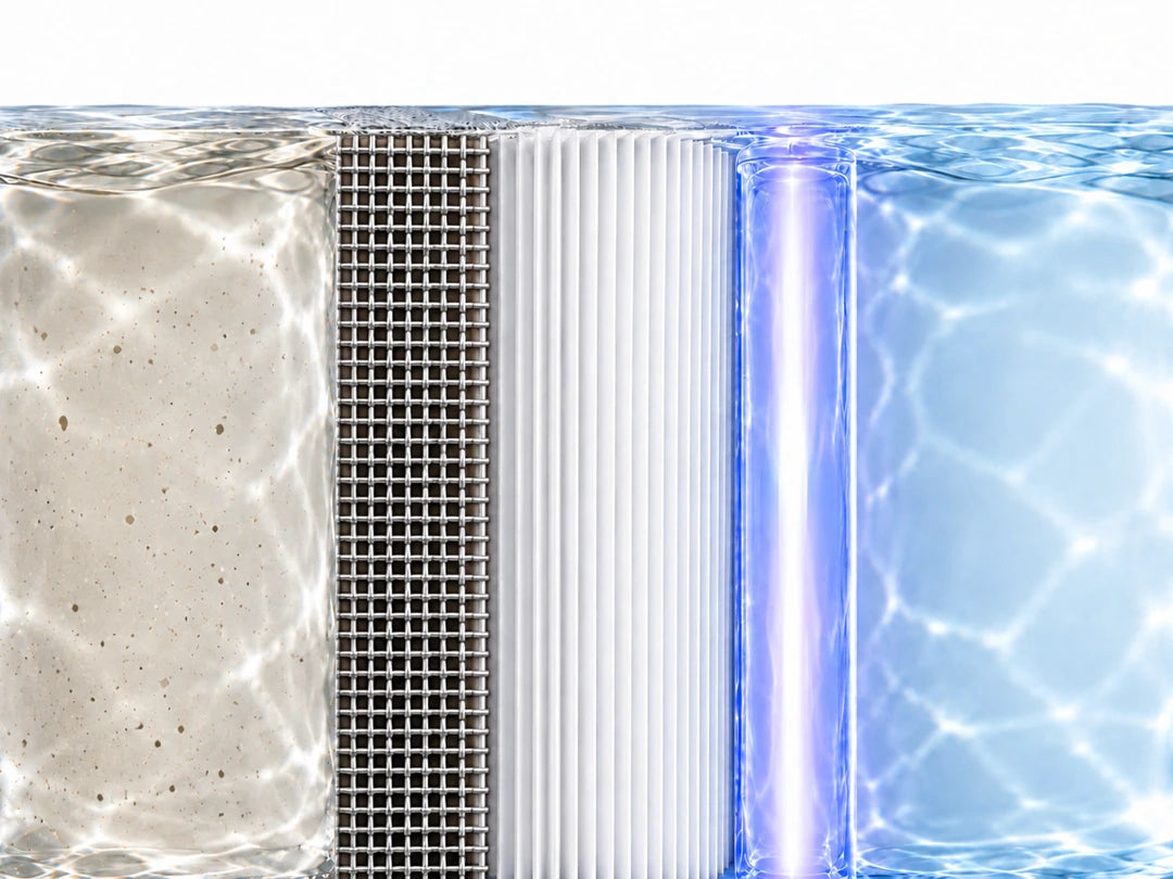 Wasser fließt durch ein gerades Metallgitter, einen Partikelfilter aus Papier und UV-C und tritt rechts klar wieder aus